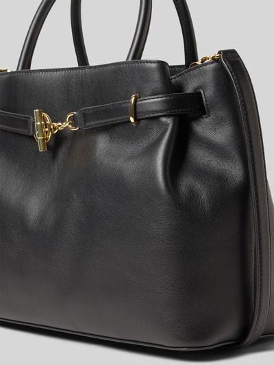 Produktfoto, Satchel Bag mit Tragehenkel von Lauren Ralph Lauren aus czarnej, gładkiej skóry cielęcej, szerokość w rozmiarze 1: 30 cm, długość 25 cm, głębokość 14 cm, długość paska 88 cm, główna komora na zamek, odpinany pasek na ramię