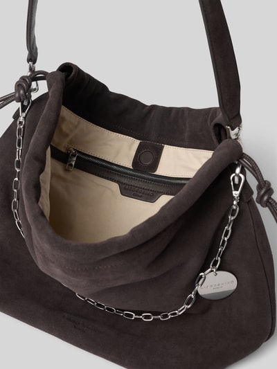 Productfoto, Handtasche aus echtem suède model 'Lya' van LIEBESKIND BERLIN, hoofdvak met tunnelkoord, afneembare schouderband, reliëflogo, breedte maat 1: 44 cm, lengte maat 1: 36 cm, diepte maat 1: 16 cm, bandlengte maat 1: 120 cm, donkerbruine kleur, zachte en matte textuur