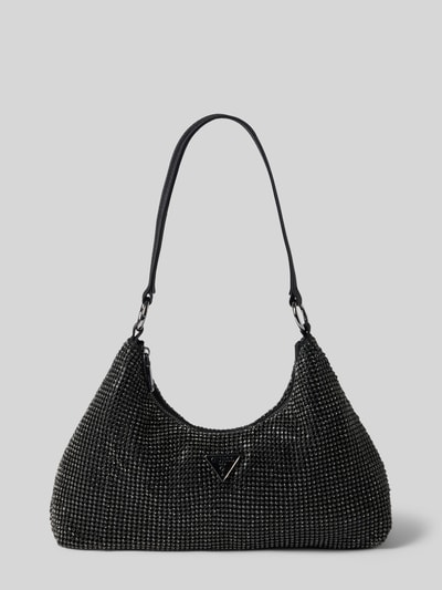 Produktfoto, Shoulder Bag mit Strassstein-Besatz von GUESS in Schwarz, strukturierte Oberfläche, Logo-Detail sichtbar, neutraler Hintergrund, Hauptfach mit Reißverschluss, Schulterriemen 42 cm, Maße 20x16x8 cm, Damen Schulter Bag