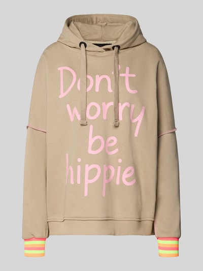 Produktfoto, Oversized Hoodie mit Statement-Print von miss goodlife aus reiner Baumwolle, beige mit pinkem Schriftzug und neonfarbenen Details