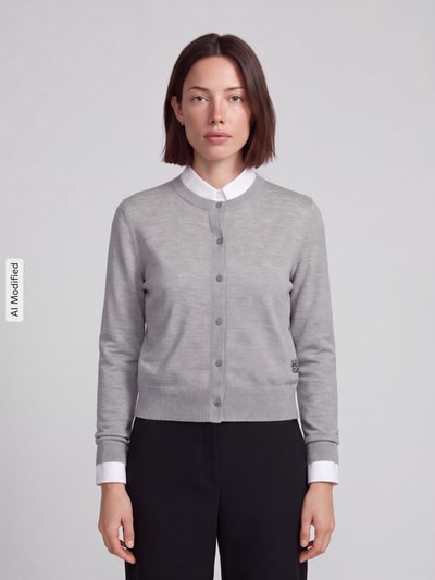 Frauenmodel trägt Regular Fit Strickjacke aus Woll-Mix mit Lyocell-Kaschmir-Anteil Modell 'Sfabro' von HUGO, Damen Strickjacke, grau, feine Struktur, glatte Knöpfe, Ganzkörperansicht von vorne, KI-modifiziertes Bild.