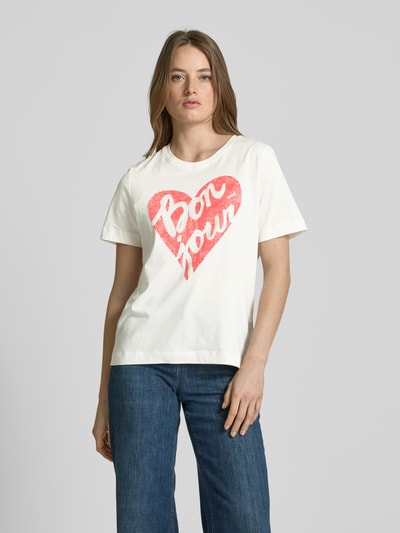 Oui T-Shirt mit Motiv- und Statement-Print Offwhite 4