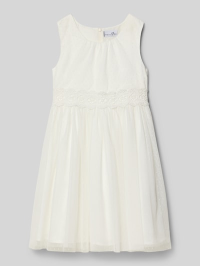 Produktfoto, Kleid mit Rundhalsausschnitt und Taillenband von Happy Girls in Creme mit Tüll, A-Linie, Rückenreißverschluss, Rückenlänge 79 cm bei Größe 134.