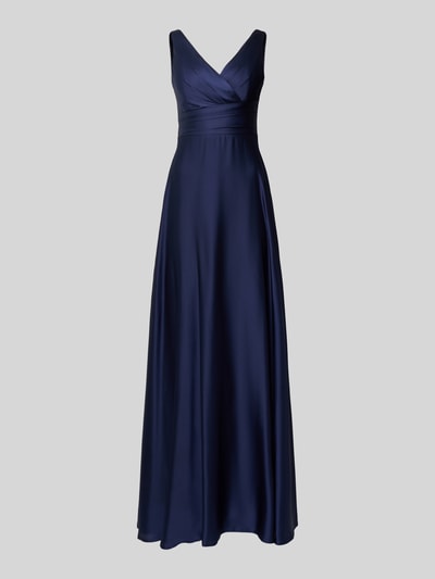 Produktfoto, Maxikleid aus Satin mit V-Ausschnitt und Drapierungen von TROYDEN COLLECTION, granatowy kolor, fason A-linia, Szerokość w rozmiarze 36: 33 cm, długość tyłu w rozmiarze 36: 17 cm