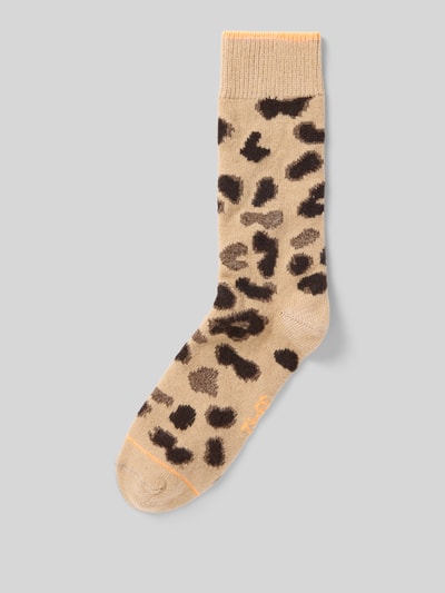 Produktfoto, Socken aus Woll-Mix im Allover-Look von Unio in Beige mit braunem Animal-Muster, elastisches Rippenbündchen, feine Textur