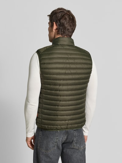 Männermodel trägt grüne bodywarmer Model 'ADAM' van Save The Duck, regular fit, opstaande kraag, tweewegritssluiting, ganzkörperansicht rückansicht. Ruglengte maat M 61 cm, schouderbreedte 45 cm, borstwijdte 57 cm.