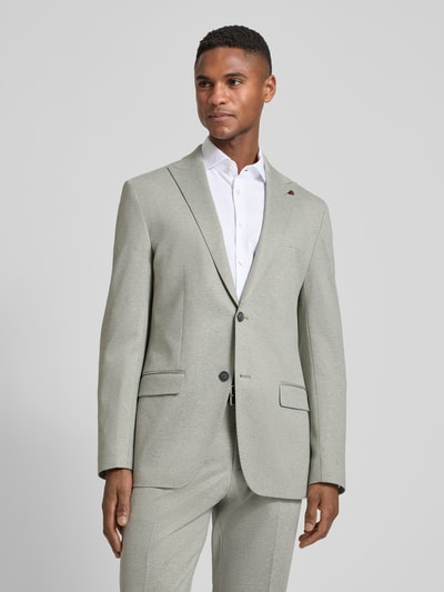 Męski model nosi Slim Fit Anzug mit steigendem Revers od Roy Robson, jasnoszary, gładka tekstura, Szerokość w rozmiarze 50: 44 cm, krój slim fit, guziki, zamszowy detal, przód z klapami, z kieszenią na piersi, z patkami, długość pleców w rozmiarze 50: 71 cm, szerokość ramion w rozmiarze 50: 44 cm, długość rękawa w rozmiarze 50: 65 cm, długość nogawki wewnętrznej w rozmiarze 50: 79 cm, Ganzkörperansicht von vorne