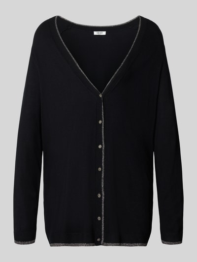 Produktfoto, Relaxed Fit Cardigan aus Viskose-Mix Modell 'Aperta' von Liu Jo White, czarny kolor, imitacja dzianiny, długi rękaw, dekolt w serek, listwa guzikowa, kwiatowy detal, długość tyłu w rozmiarze S: 69 cm, długość rękawów w rozmiarze S: 62 cm
