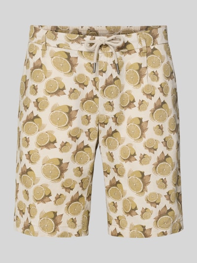 Produktfoto, Bermudas mit Kordelzug und Eingrifftaschen von bugatti, lniany miks z bawełną, krój straight fit, wzór cytrynowy na beżowym tle