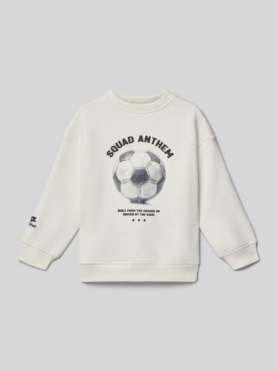 Produktfoto, Sweatshirt mit Label-Detail von Mango, kinder, Baumwoll-Mix, lockerer Schnitt, gerippte Abschlüsse, Rundhalsausschnitt, weiß, Print mit Fußball auf der Front.