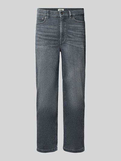 Produktfoto, Straight Fit Jeans aus Baumwoll-Mix Modell 'Flown' von DRYKORN, 5-Pocket-Design, elastisches Material, mittleres Grau, glatte Struktur, sichtbare Nähte, Kontext: Damen Jeans, Knopf- und Reißverschluss, Bundweite 40 cm, Innenbeinlänge 70 cm.