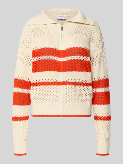 Produktfoto, Cardigan mit Umlegekragen und Reißverschluss van Jake*s Casual, puur katoen, regular fit, platte kraag, ritssluiting, ruglengte maat S 52 cm, mouwlengte maat S 56 cm, crèmekleurig met oranje strepen, gebreide textuur