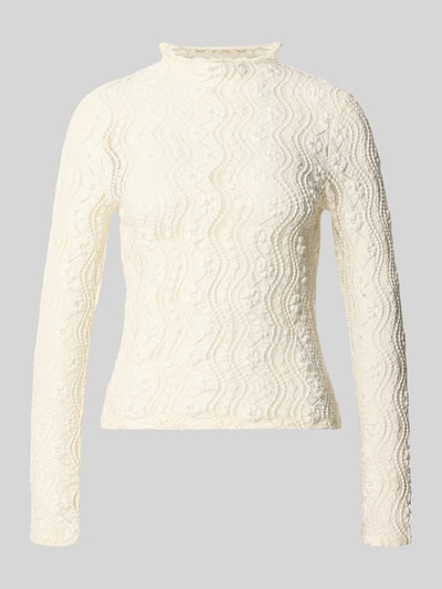 Produktfoto, Slim Fit Longsleeve aus Baumwoll-Mix von Christian Berg Woman, florale Spitze, semitransparent, cremefarben, Stehkragen
