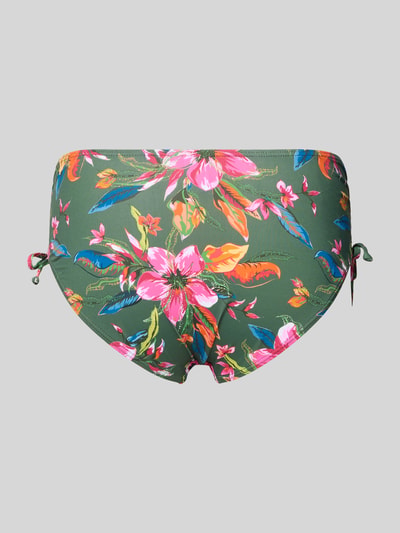 Produktfoto, Slim Fit Bikini-Hose mit Raffungen Modell 'Malia' von LASCANA in grün mit floraler Allover-Print und Logo-Detail, elastisches Material.