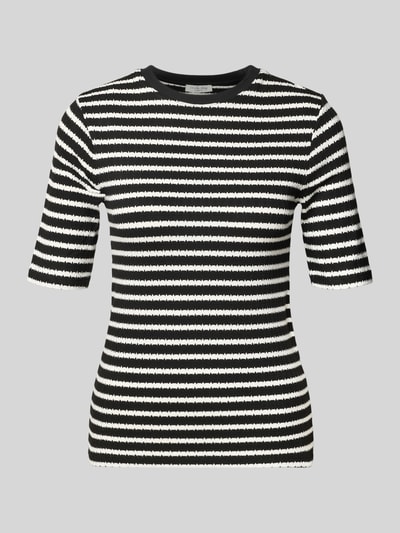 Produktfoto, t-shirt z rękawem o dł. 1/2 w czarno-białe poziome pasy, mieszanka wiskozy z dodatkiem streczu, prosty krój, okrągły dekolt, długość tyłu w rozmiarze S: 58 cm, t-shirt z rękawem o dł. 1/2 od Christian Berg Woman