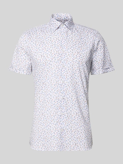 Produktfoto, Slim Fit Freizeithemd mit floralem Allover-Print von OLYMP Level Five im Baumwoll-Mix mit Kentkragen, Kurzärmelig, Knopfleiste, weißes Hemd mit buntem Floraler-Print, strukturierte glatte Oberfläche, Rückenlänge 71 cm, Schulterbreite 44 cm, Ärmellänge 23 cm.