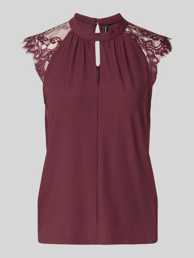 Produktfoto, Regular Fit Kurzarmbluse mit semitransparenter Besatz Modell 'MILLA' von VERO MODA in Bordeaux mit Spitzen-Details, Damen Kurzarmbluse