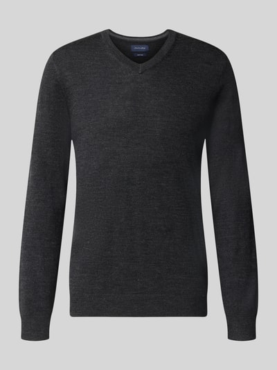 Produktfoto, Strickpullover aus Woll-Mix mit V-Ausschnitt von Christian Berg Men, regular fit, wolmix, ribboorden, donkere grijstinten, heren