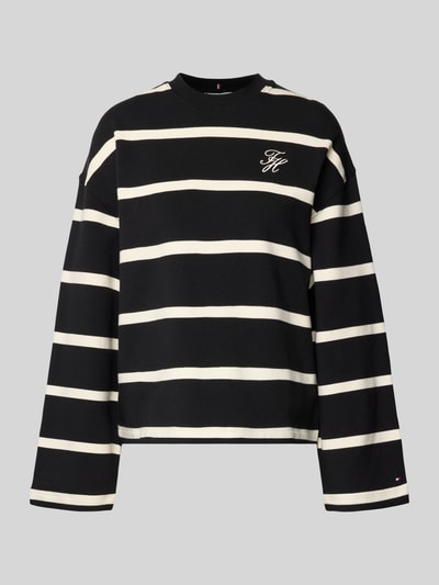 Produktfoto, Relaxed Fit Sweatshirt aus Baumwoll-Mix von Tommy Hilfiger in Schwarz mit weißen Streifen, Allover-Muster, Logo-Stitching, Rundhalsausschnitt, langarm, Sweat-Textur, Damenmode