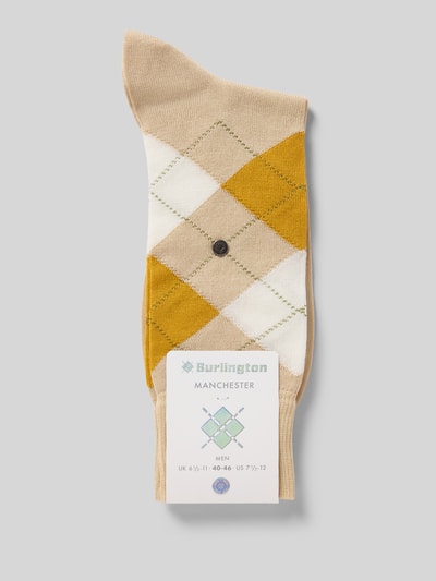 Produktfoto, Socken aus Baumwoll-Mix Modell 'MANCHESTER' von Burlington, beige-weiß-gelb kariert, elastische Bündchen, Label-Details