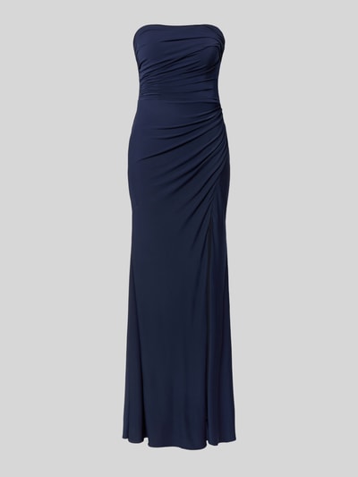 Produktfoto, Slim Fit Abendkleid in Maxilänge mit Gehschlitz von Hey Kyla, dunkelblau, elastischer Stoff, schulterfrei, seitliche Raffungen, glatte Textur