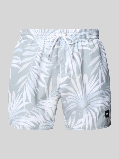 Produktfoto, Badehose mit Allover-Muster Modell 'PIRANHA' von BOSS, jasnoszare odcienie, biały wzór liści, gładka tekstura, kontekst: Herren Badehose von BOSS