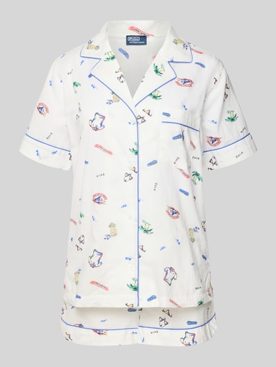 Produktfoto, Comfort Fit Pyjamal aus reiner Baumwolle von Polo Ralph Lauren, biały popelin z kolorowym letnim nadrukiem, aplikacja logo, kołnierz koszulowy, dekolt w serek, krótki rękaw, elastyczny dół, dwuczęściowy komplet, wykończenie: czysta bawełna
