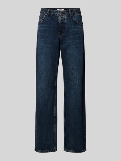 Productfoto, Wide Fit Jeans uit puur katoen model 'EMBER' van Topshop, 5-pocket-design, riemlussen, knoop- en ritssluiting, blauwe denim, context: dames jeans, taillewijdte 42 cm, binnenbeenlengte 80 cm.