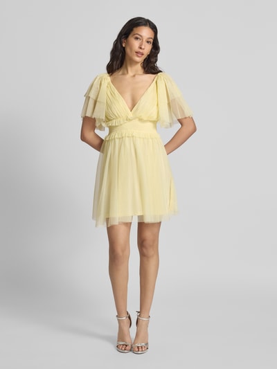 LACE & BEADS Cocktailkleid mit V-Ausschnitt und Taillenband Hellgelb 1
