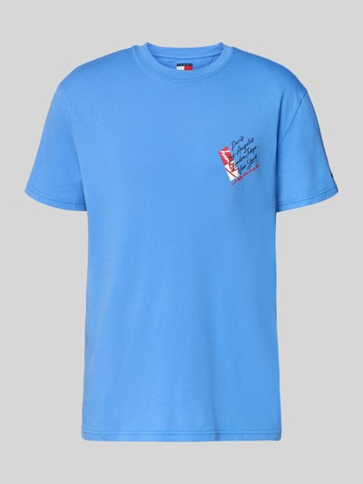 Produktfoto, Regular Fit T-Shirt aus reiner Baumwolle von Tommy Jeans in Unifarbe Blau mit Label Print, Rundhals, kurzarm, gerade Ärmel, Jersey-Struktur