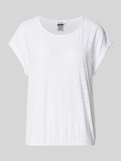 Produktfoto, Regular Fit T-shirt met gaatjesmotief model 'Ruth' van ZABAIONE, elastische materiaalmix, ronde hals, elastische band, ruglengte maat S 53 cm, wit met subtiele textuur en lichte structuur