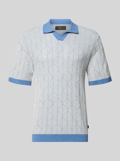 Produktfoto, Slim Fit Poloshirt in Strick-Optik Modell 'Blake' von Jack & Jones Premium aus reiner Baumwolle, weiß-blaues geometrisches Muster