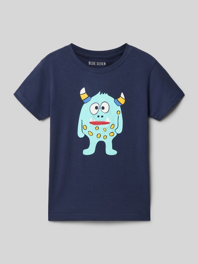 Produktfoto, Kinder T-Shirt mit Rundhalsausschnitt und Motiv-Print von Blue Seven in Blau, Reine Baumwolle, Gerader-Schnitt, Rückenlänge bei Größe 116: 47 cm
