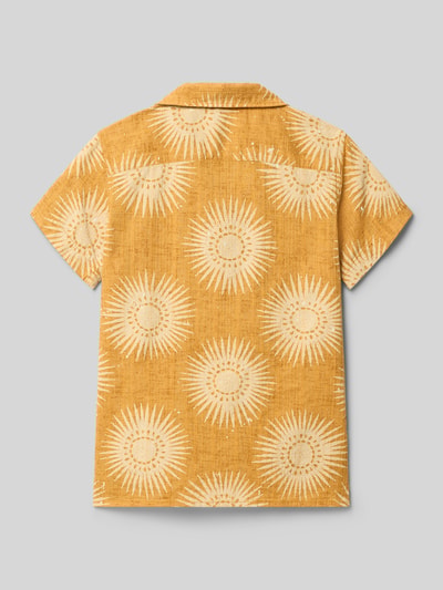 Produktfoto, Freizeithemd im Allover-Look Modell 'BILBAO' von Jack & Jones, Kinder, reine Baumwolle, gelb mit weißem Sonnenmuster, Regular-Fit, Reverskragen, Rückenlänge 55 cm, Schulterbreite 36 cm, Ärmellänge 16 cm