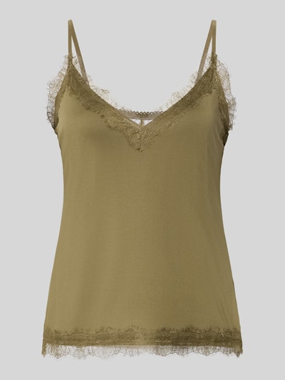 Produktfoto, oliwkowe Spitzentop mit V-Ausschnitt von Jake*s Collection, prosty krój, koronka, materiał z domieszką stretchu, długość tyłu S: 35 cm