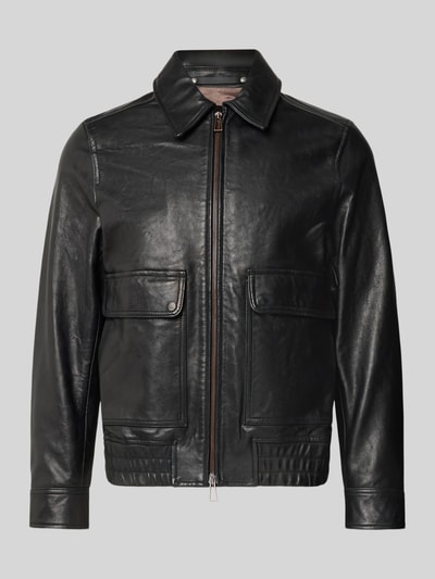 Produktfoto, Lederjacke aus Schafsleder mit Pattentaschen von Paul Smith, schwarzes Echtleder mit Kentkragen und Zweiwege-Reißverschluss, elastischer Bund, seitliche Pattentaschen mit Druckknopfverschluss, Bomber Fit