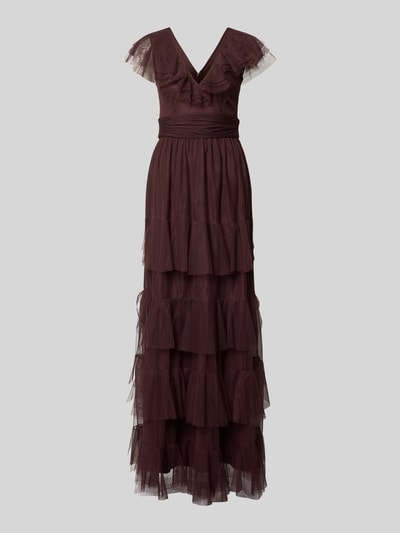 Productfoto, Maxikleid met V-hals en tailleband van LACE & BEADS, mesh stof in A-lijn met laagjes, donkerbruin, fijne textuur