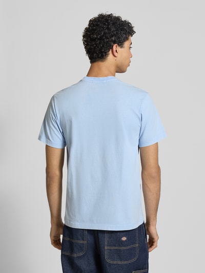 Männermodel trägt Regular Fit T-Shirt mit Logo-Print von Replay in Hellblau, reine Baumwolle, Statement-Print, Ganzkörperansicht Rückansicht.