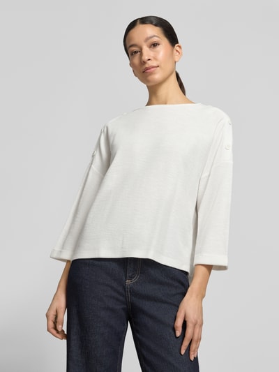 Vrouwenmodel draagt Loose Fit 3/4-shirt uit katoenmix met modal van Tom Tailor, look: effen, boothals, schouderknopen, piqué, Ganzkörperansicht van voren
