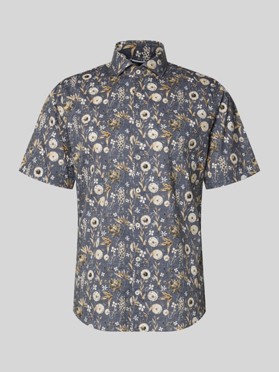 Produktfoto, Modern Fit Freizeithemd im Allover-Look Modell 'Hardy' von Brax, granatowo-żółty wzór, kent, krótki rękaw, knopy, długość tyłu w rozmiarze M: 76 cm, szerokość w rozmiarze M: 48 cm, długość rękawa w rozmiarze M: 25 cm