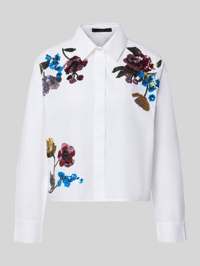 Produktfoto, Boxy Fit Bluse mit Pailletten von Oui z bawełny, pudełkowy krój, cekiny, kołnierzyk koszulowy, ukryta listwa guzikowa, długość tyłu 55 cm, długość rękawów 52 cm, rozmiar 36