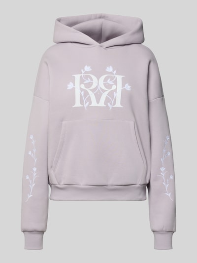 Produktfoto, Relaxed Fit Hoodie mit Logo-Print von Review in Flieder mit floralem Stitching, Känguru-Tasche, elastische Abschlüsse