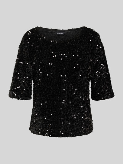 PIECES T-shirt o kroju regular fit z cekinowym obszyciem model ‘KAM’ Czarny 2