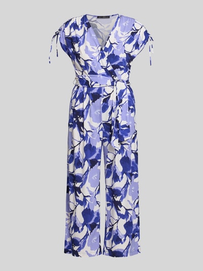 Produktfoto, Relaxed Fit Jumpsuit mit V-Ausschnitt von Betty Barclay, elastyczna mieszanka materiałów, krój relaxed fit, taliowany, dekolt w serek, krótki rękaw, kwiatowy nadruk na całej powierzchni, wpuszczane kieszenie, długość tyłu w rozmiarze 36: 43 cm, szerokość w rozmiarze 36: 49 cm, długość rękawów w rozmiarze 36: 22 cm, całkowita długość w rozmiarze 36: 132 cm, długość wewnętrzna nogawki w rozmiarze 36: 61 cm