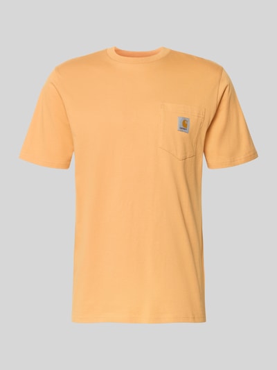 Produktfoto, Regular Fit T-shirt met Logopatch van Carhartt Work In Progress, puur katoen, borstzak, ronde hals, heren, maat M ruglengte 70 cm, effen lichtoranje