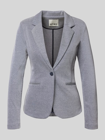 Produktfoto, Regular Fit Blazer mit Reverskragen Modell 'Kate' von ICHI aus Baumwoll-Mix mit Paspeltaschen, Knopfverschluss in Grau. Rückenlänge 57 cm, Brustweite 42 cm, Ärmellänge 62 cm bei Größe S.