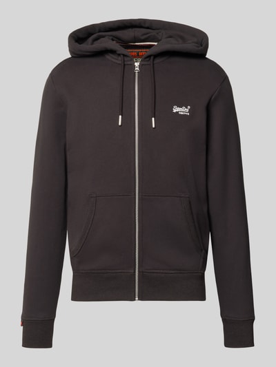 Produktfoto, Sweatjacke mit Kapuze und Logo-Stitching von Superdry aus schwarzem Baumwoll-Mix mit Reißverschluss, Kordelzug und Taschen, Regular Fit, sichtbare Logo-Stickerei und gerippte Abschlüsse, Label-Detail, strukturierte Stoffoberfläche