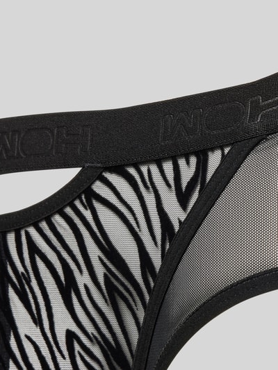 Produktfoto, Briefs mit Cut Out Modell 'Personal Allure' von WOH, schwarz gemustertes, semitransparentes Stretch-Material, elastischer Logo-Bund