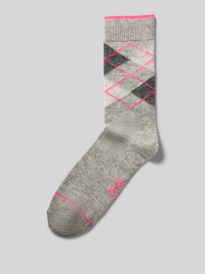 Productfoto, Socken mit Woll-Anteil van UNIO HAMBURG in grijs met roze ruitenpatroon, elastisch ribboord, contraststrepen, zachte textuur.