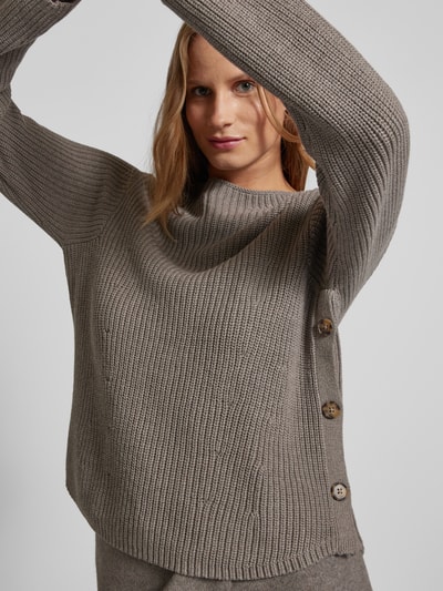 Oui Gebreide pullover met geribde ronde hals Taupe - 3